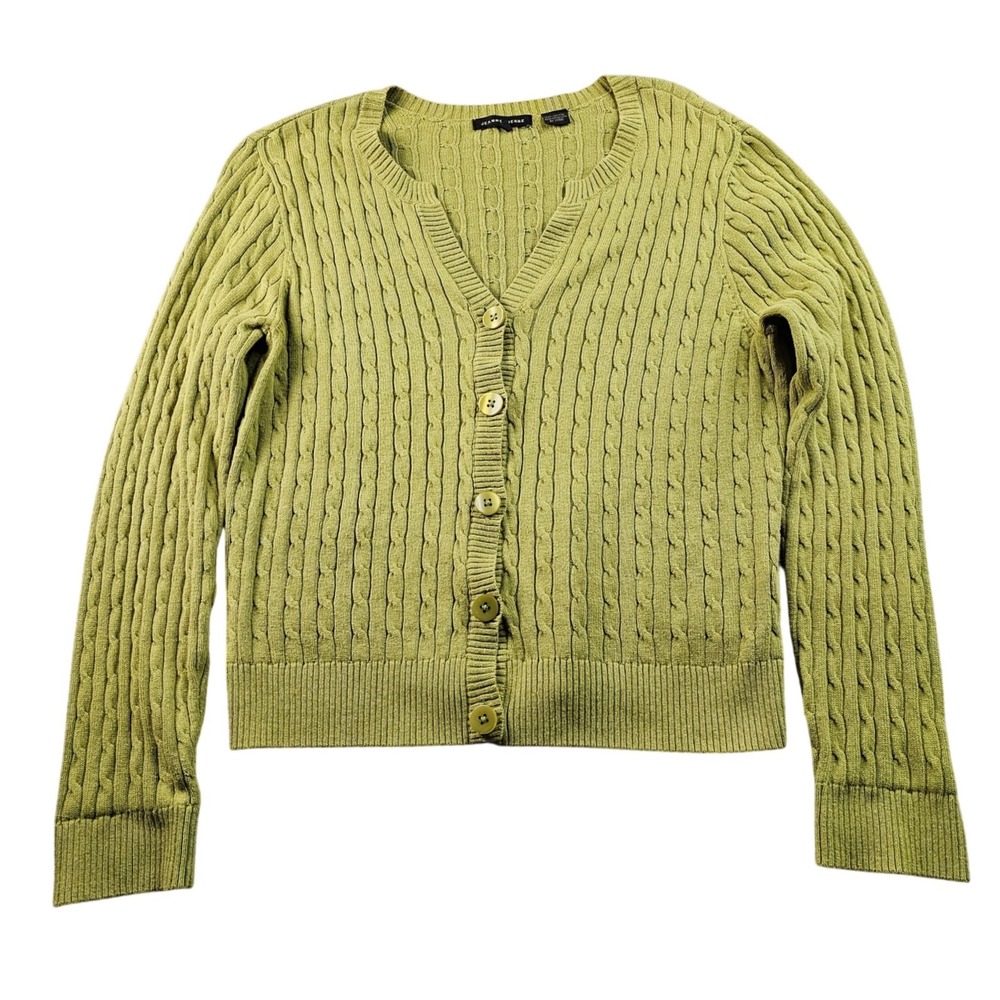 Jeanne Pierre Cardigan Sweater Women's M Green Cable Knit Long Sleeve Button-Up